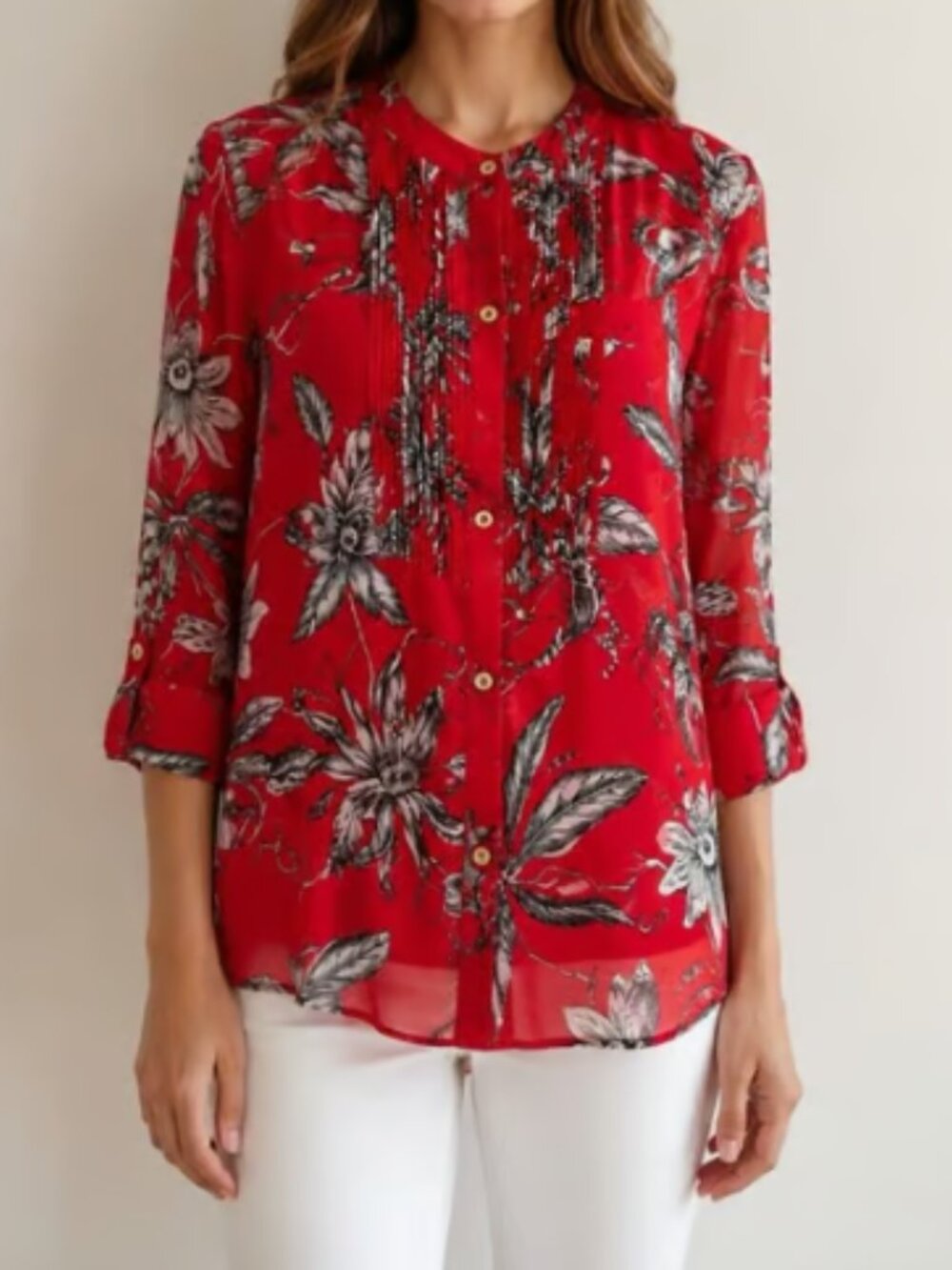 leifsdottir Anthropologie Red Floral Pintuck Button-Front Tunic